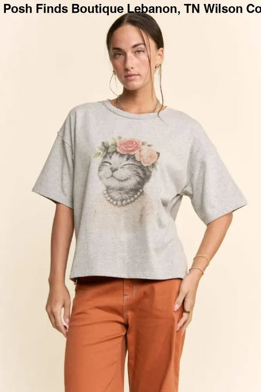 BLOSSOM-CROWNED KITTY PRINTED TOP: Beige - Women > Tops