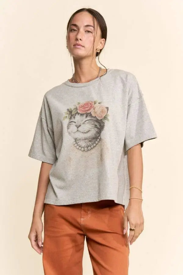 BLOSSOM-CROWNED KITTY PRINTED TOP: Beige - Women > Tops