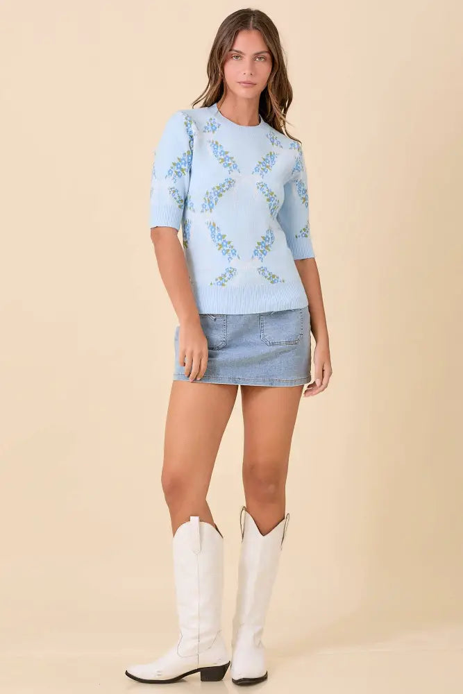 Blue Garden Floral Knit Top : BLUE - Posh Finds