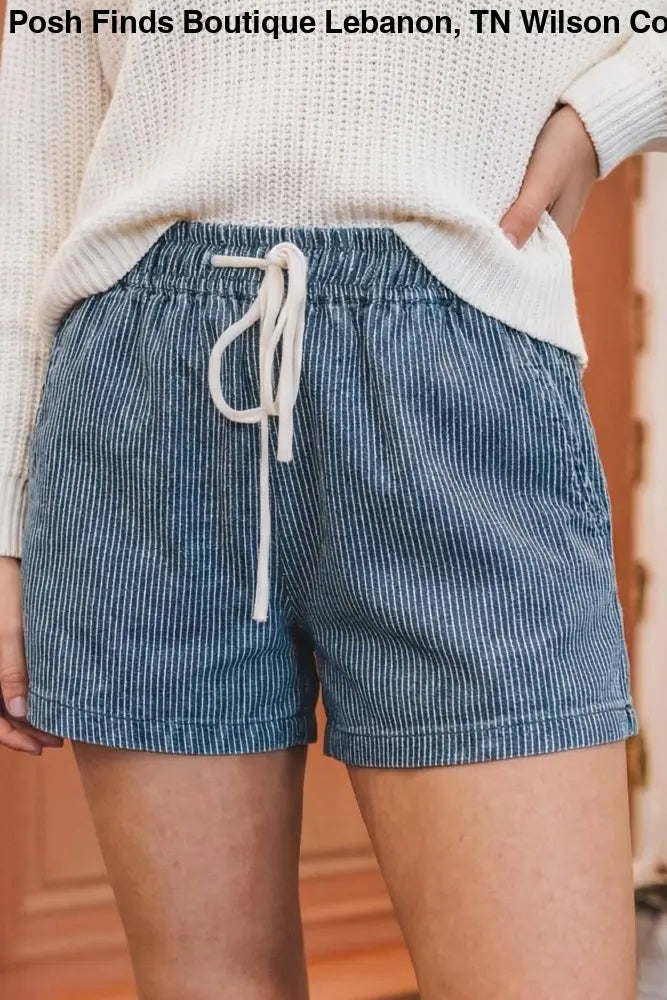 Blue Stripe Drawstring Elastic Waist Denim Shorts - Shorts