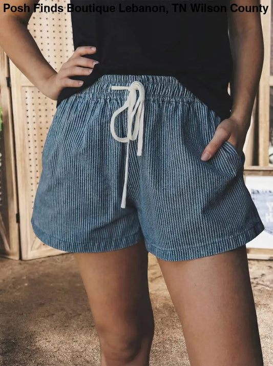 Blue Stripe Drawstring Elastic Waist Denim Shorts - Shorts