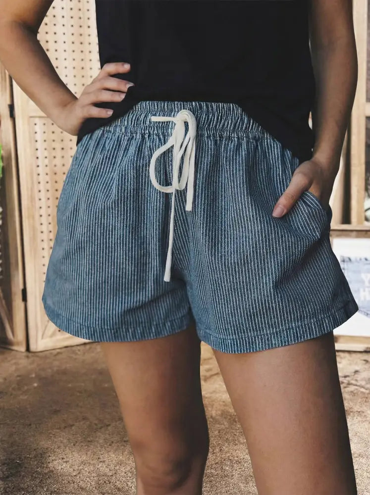 Blue Stripe Drawstring Elastic Waist Denim Shorts - Shorts