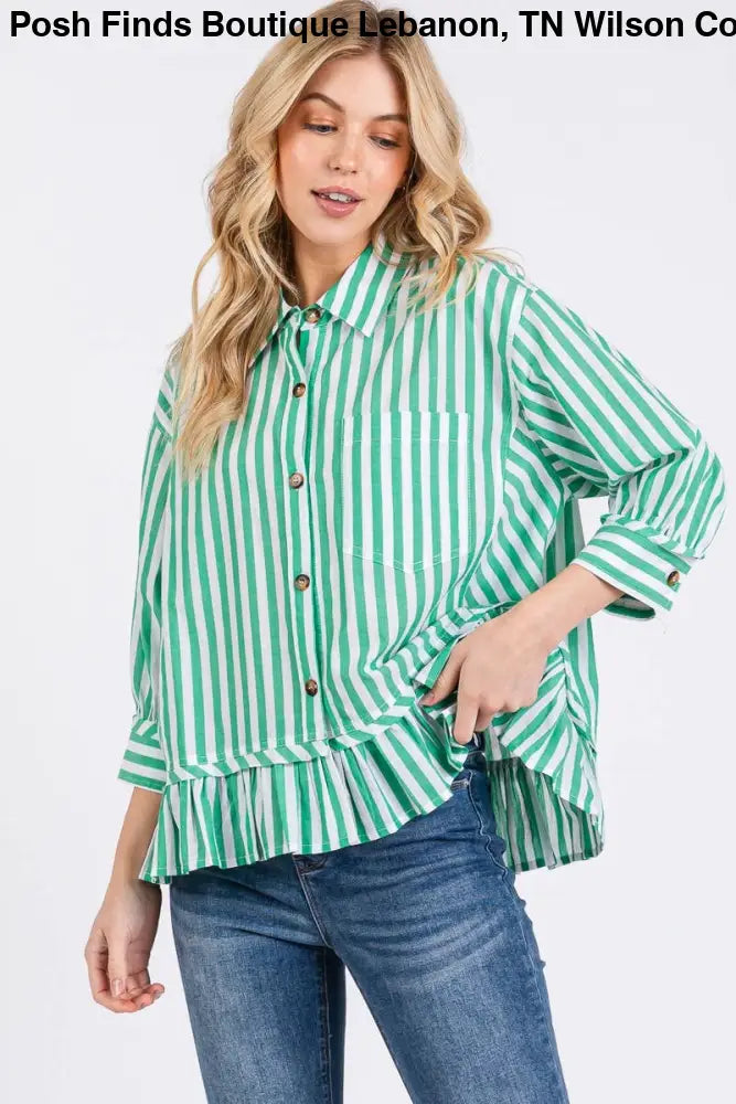 BLUE STRIPED BUTTON DOWN RUFFLE TOP - Women > Tops