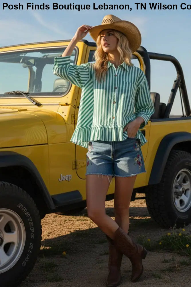 BLUE STRIPED BUTTON DOWN RUFFLE TOP - Women > Tops