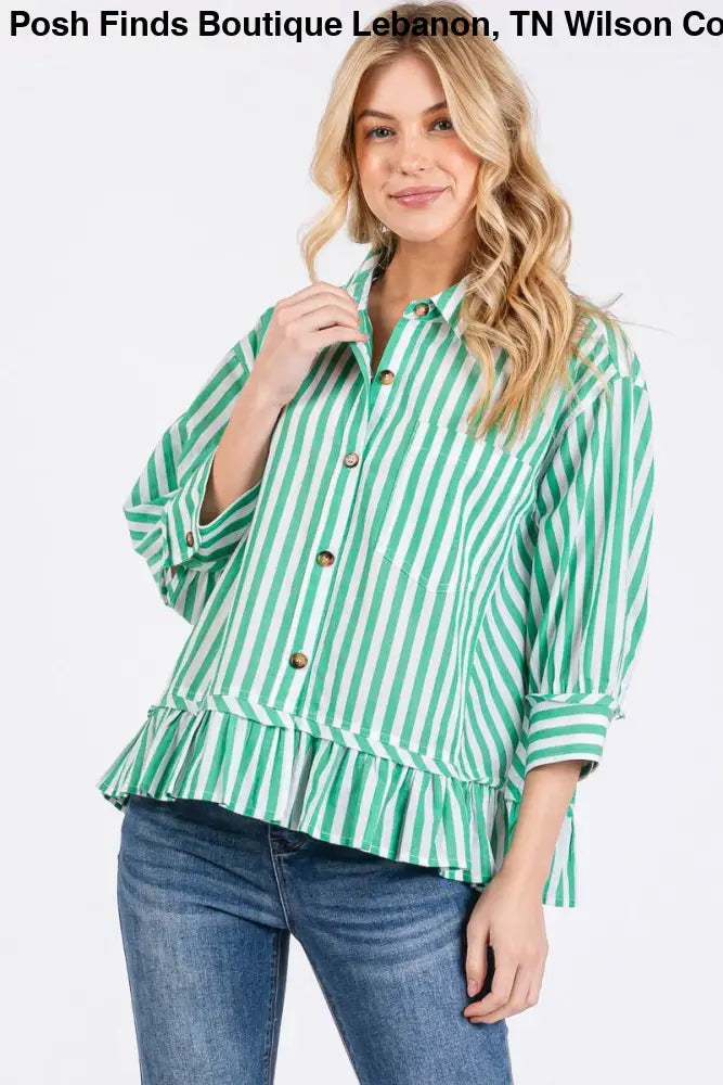 BLUE STRIPED BUTTON DOWN RUFFLE TOP - Women > Tops