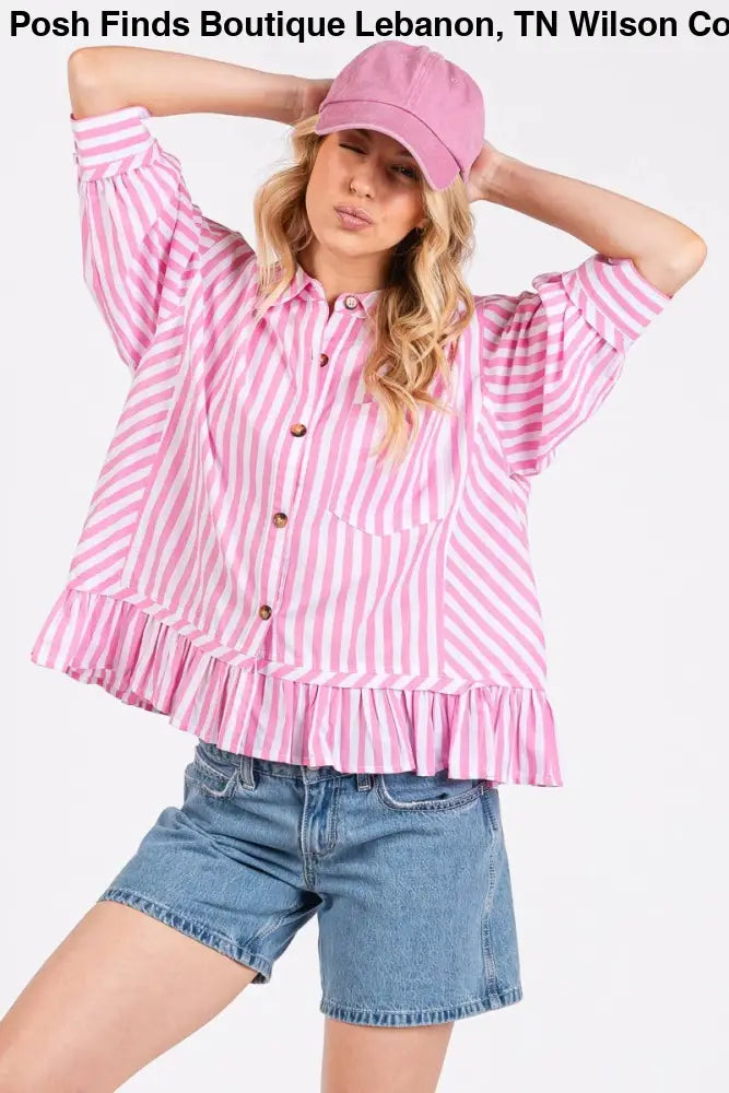 BLUE STRIPED BUTTON DOWN RUFFLE TOP - Women > Tops