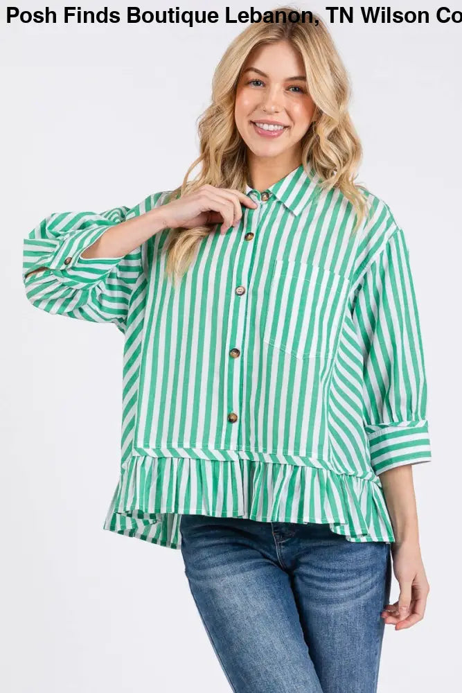 BLUE STRIPED BUTTON DOWN RUFFLE TOP - Women > Tops