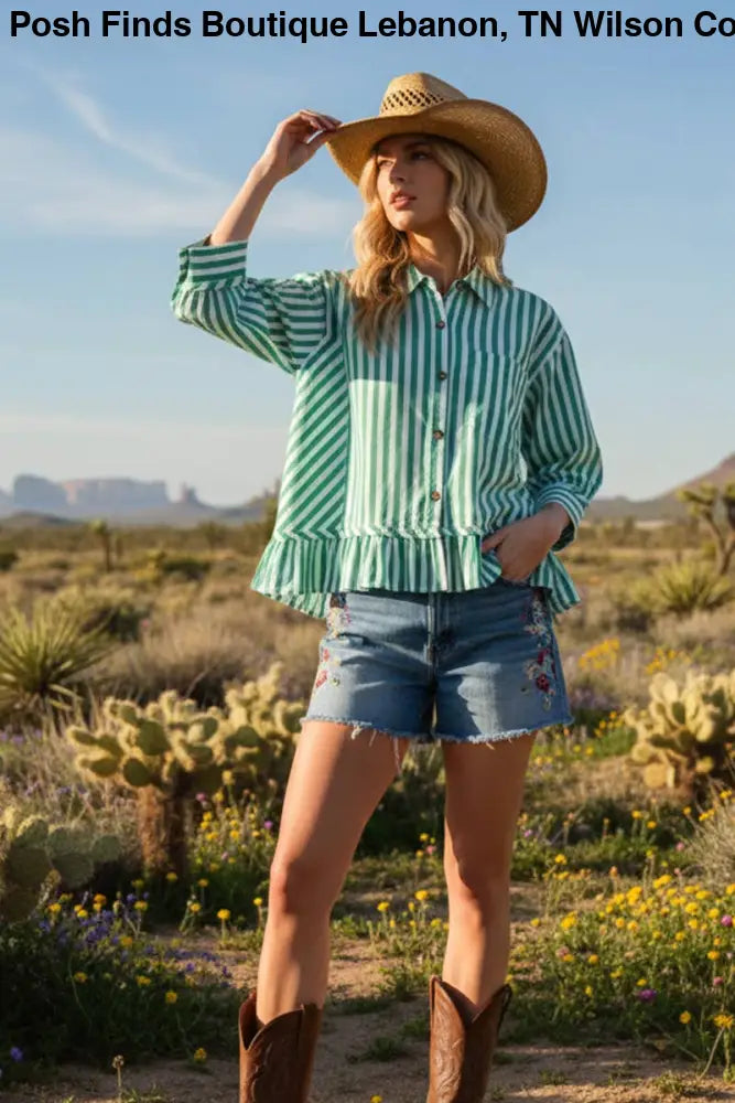 BLUE STRIPED BUTTON DOWN RUFFLE TOP - Women > Tops