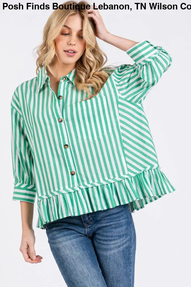 BLUE STRIPED BUTTON DOWN RUFFLE TOP - Women > Tops