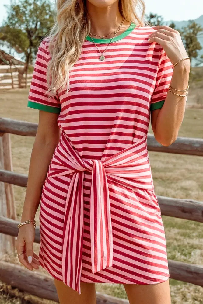 Blue Tie Contrast Trim Round Neck T Shirt Mini Dress - Women > Dresses