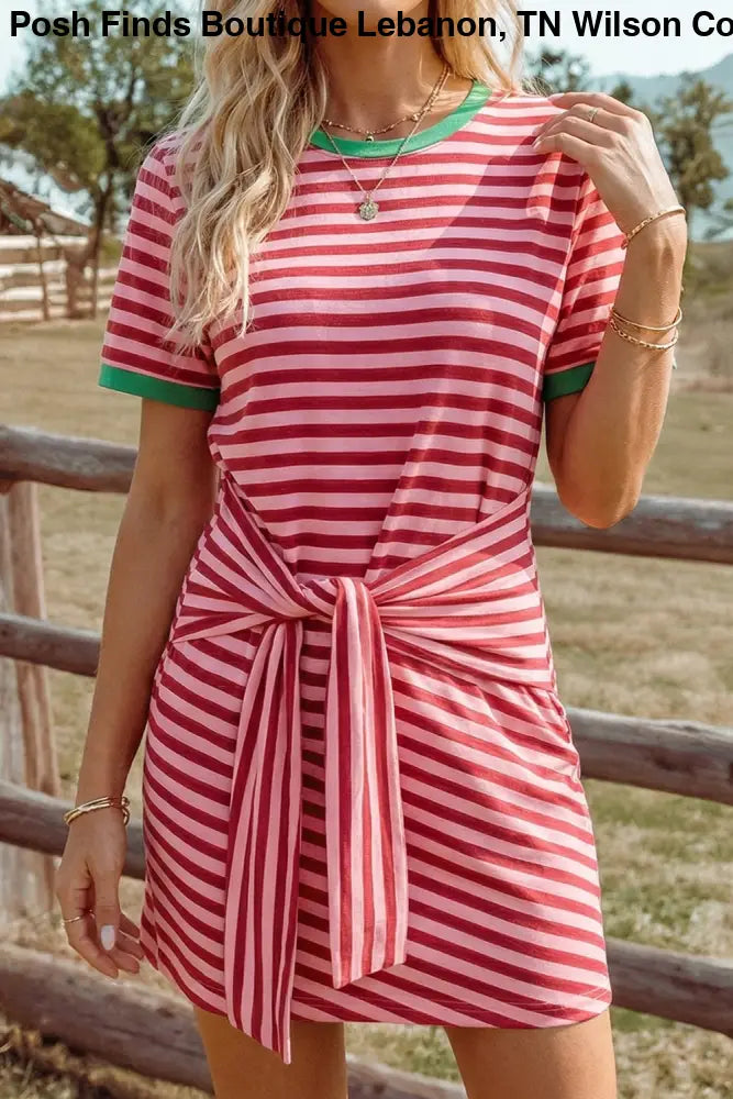 Blue Tie Contrast Trim Round Neck T Shirt Mini Dress - Women > Dresses