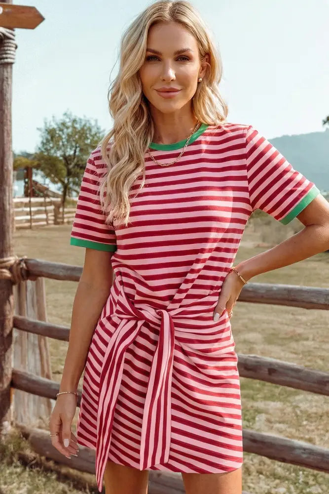 Blue Tie Contrast Trim Round Neck T Shirt Mini Dress - Women > Dresses