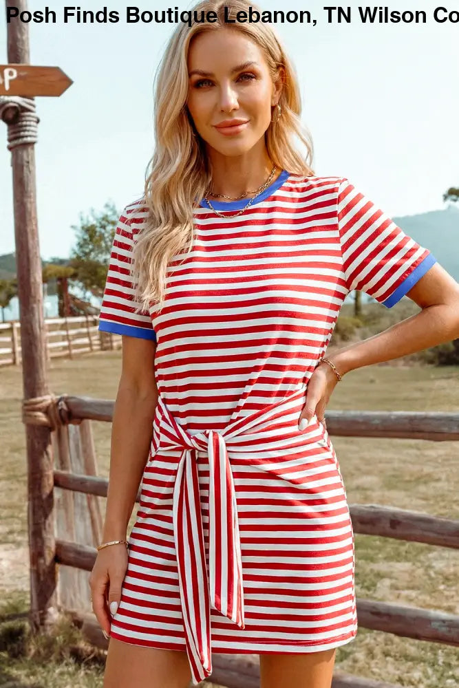 Blue Tie Contrast Trim Round Neck T Shirt Mini Dress - Women > Dresses