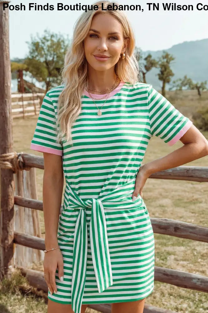Blue Tie Contrast Trim Round Neck T Shirt Mini Dress - Women > Dresses