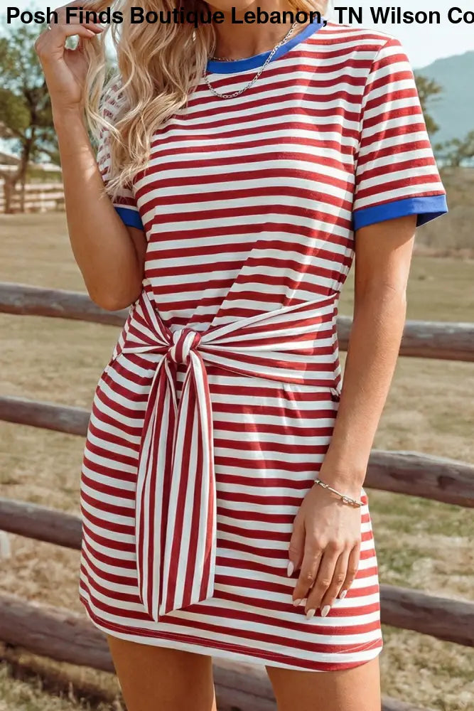 Blue Tie Contrast Trim Round Neck T Shirt Mini Dress - Women > Dresses
