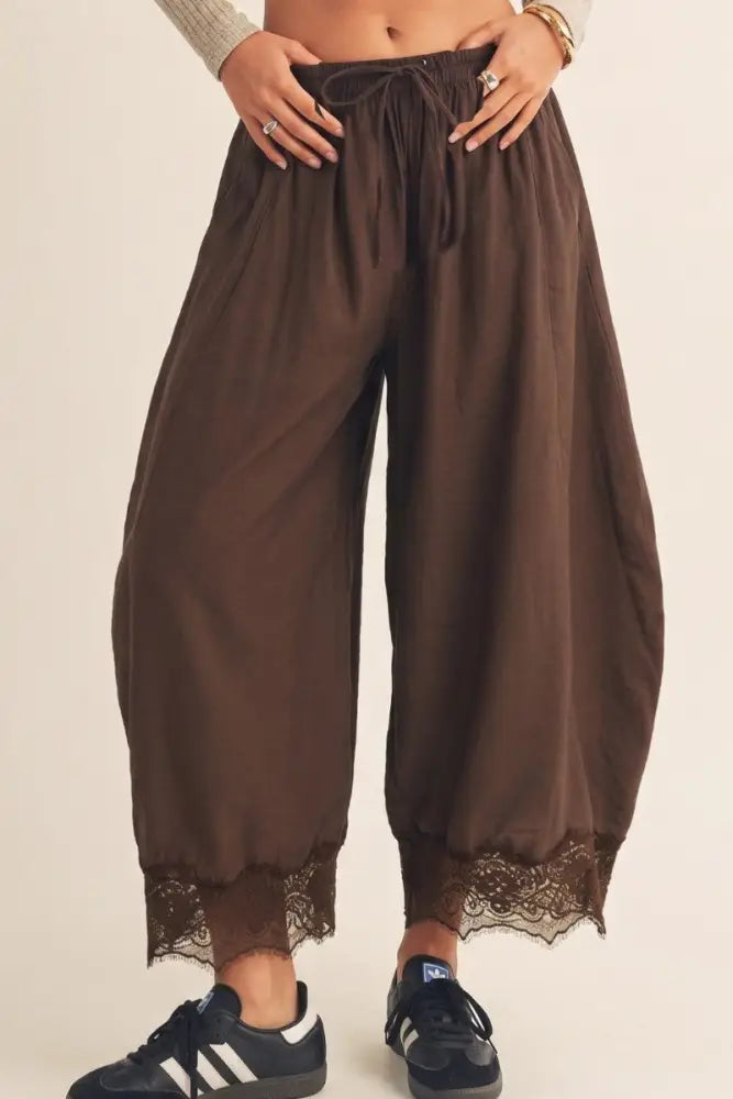 Boho Lace Trim Barrel Balloon Pants - Mocha - Women > Pants