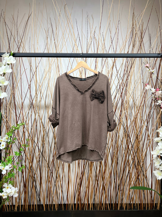 Bow Decoration Long Sleeve V-Neck T-Shirt: Brown - Posh Finds