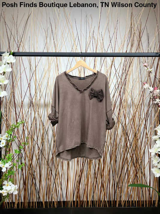 Bow Decoration Long Sleeve V-Neck T-Shirt: Brown - Posh Finds