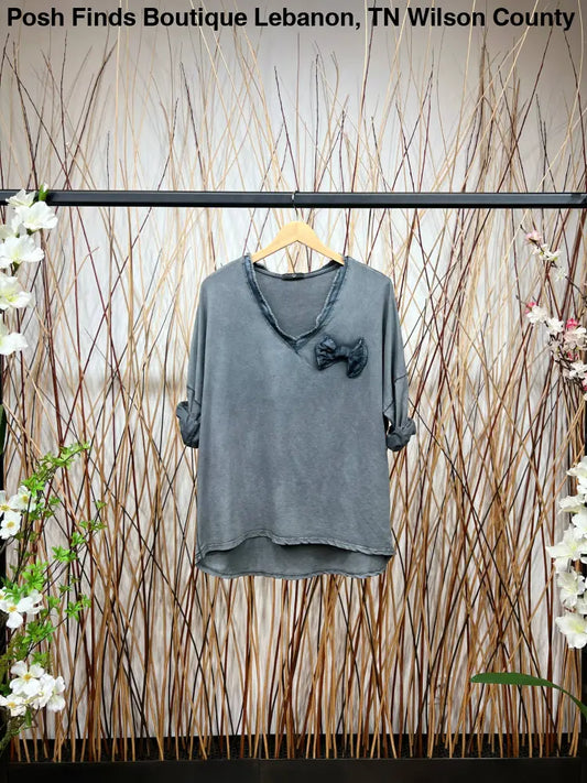 Bow Decoration Long Sleeve V-Neck T-Shirt: Grey - Posh Finds