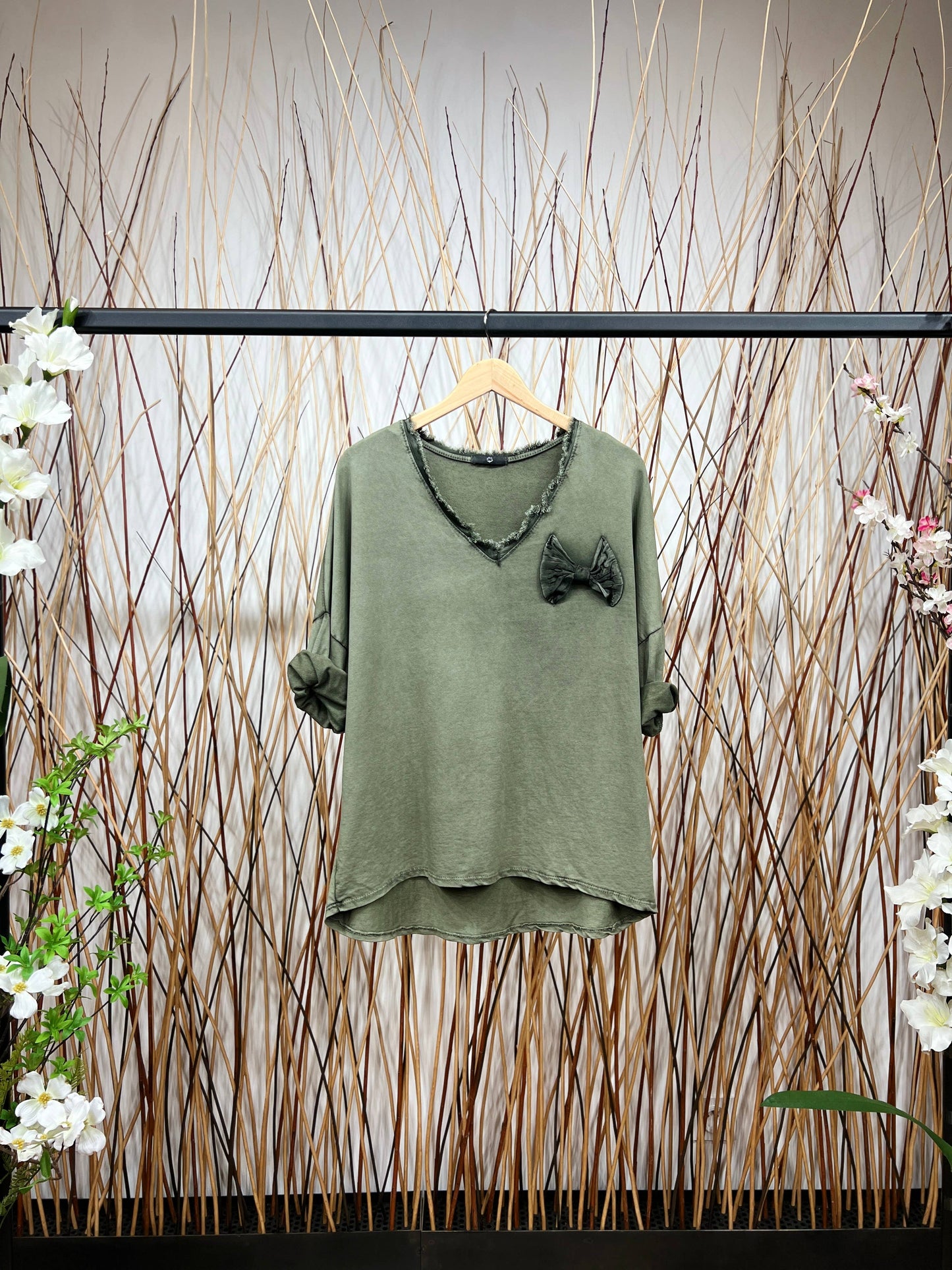 Bow Decoration Long Sleeve V-Neck T-Shirt: Pink - Posh Finds