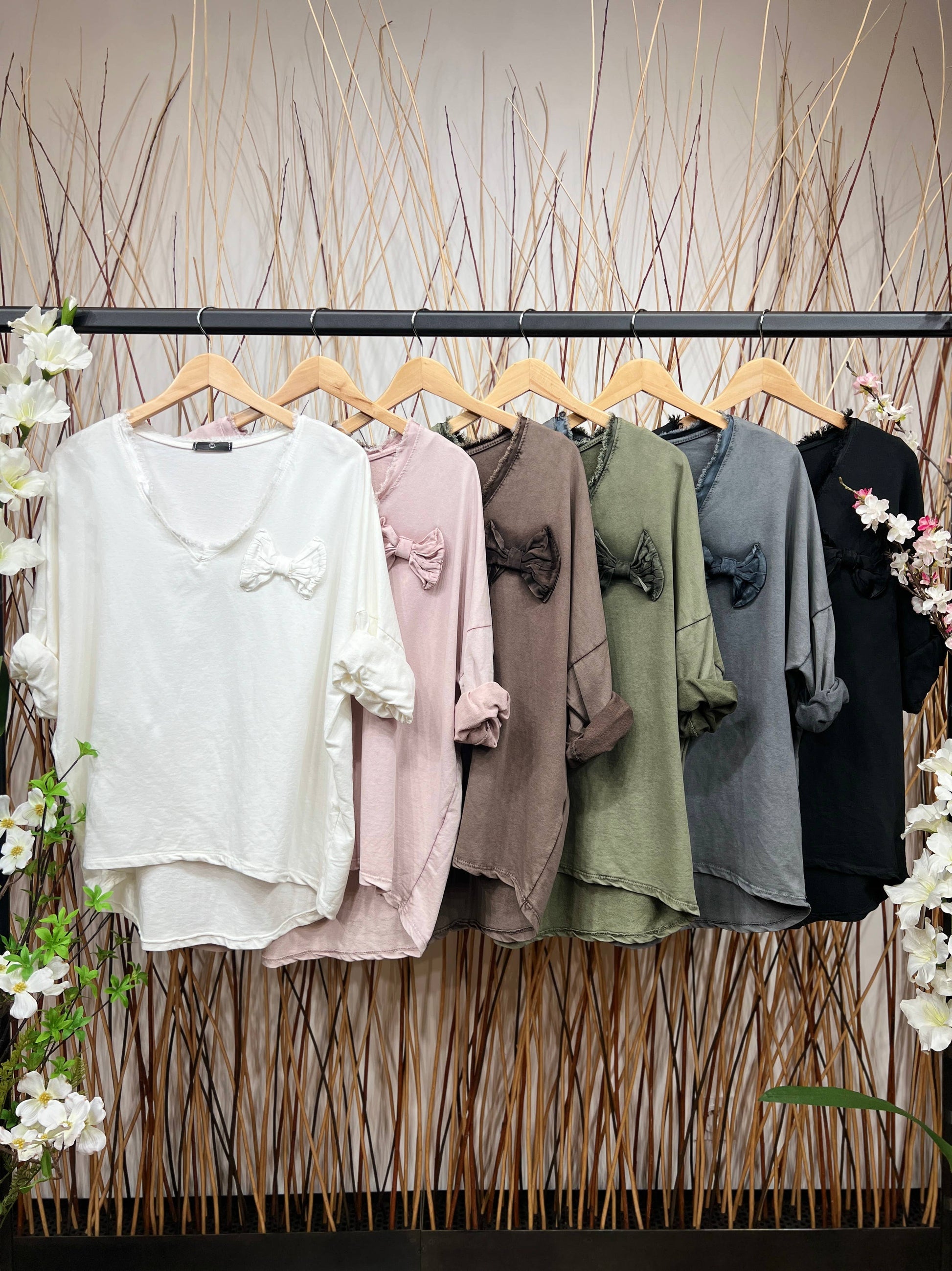 Bow Decoration Long Sleeve V-Neck T-Shirt: Pink - Posh Finds
