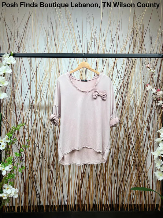 Bow Decoration Long Sleeve V-Neck T-Shirt: Pink - Posh Finds
