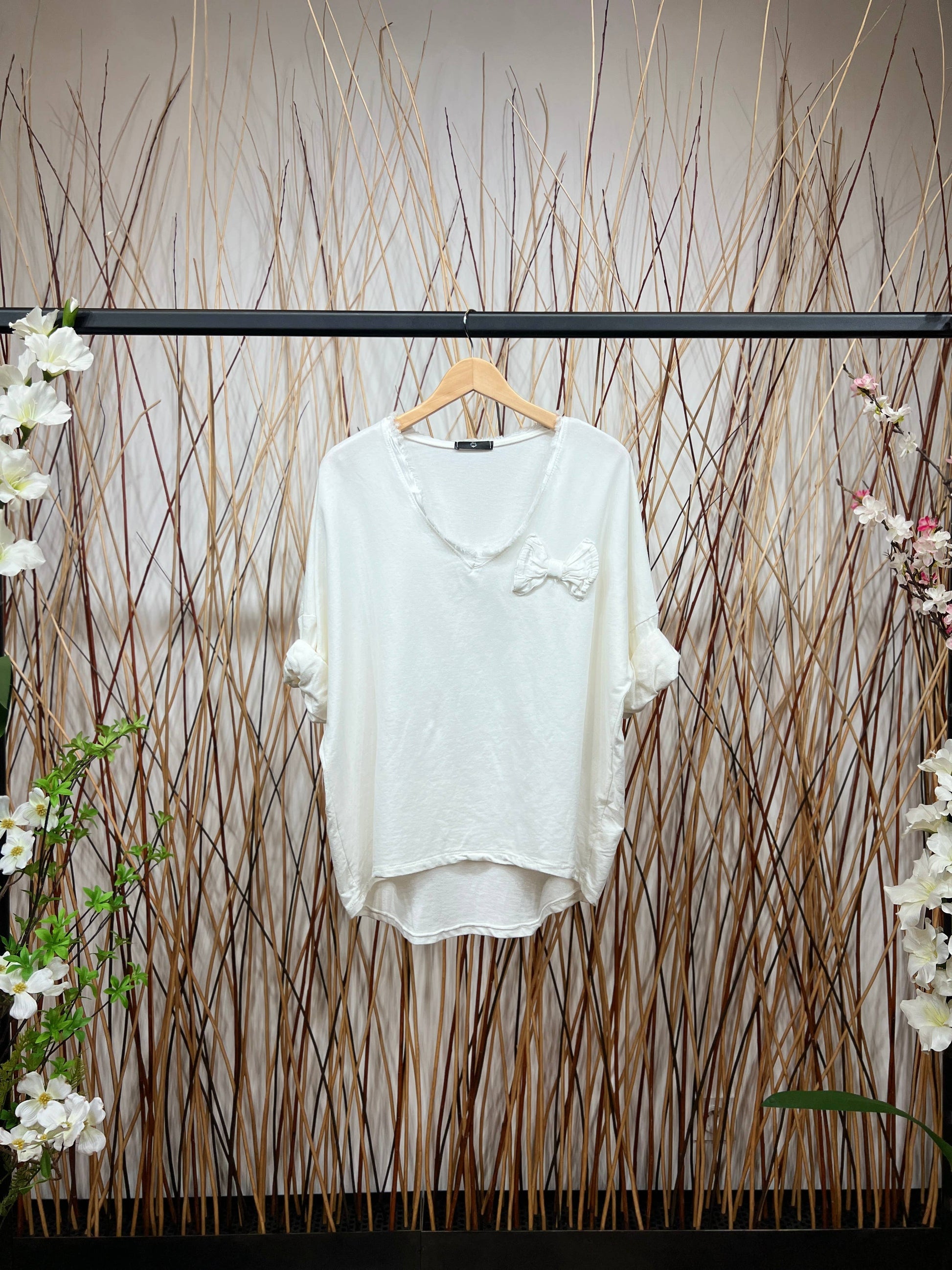 Bow Decoration Long Sleeve V-Neck T-Shirt: Pink - Posh Finds