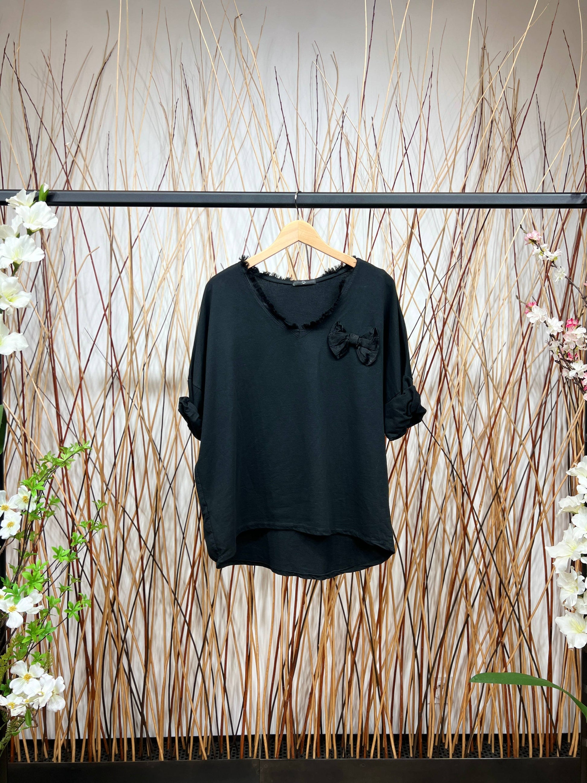 Bow Decoration Long Sleeve V-Neck T-Shirt: Pink - Posh Finds