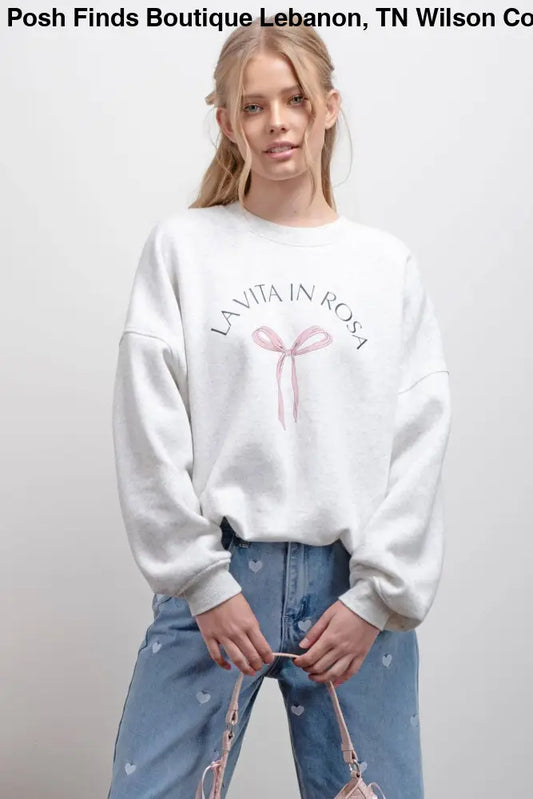 BOW GRAPHIC CREW NECK SWEATSHIRT: HEATHER GREY - Posh Finds