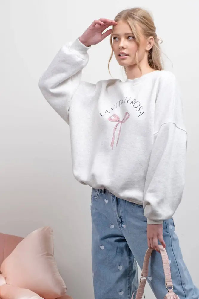 BOW GRAPHIC CREW NECK SWEATSHIRT: HEATHER GREY - Posh Finds