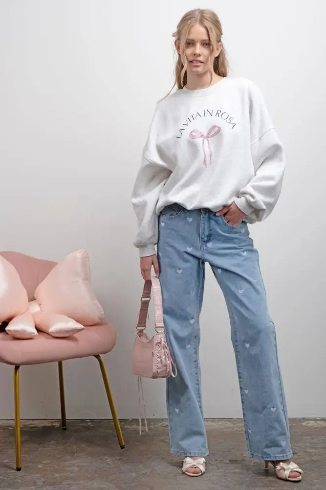 BOW GRAPHIC CREW NECK SWEATSHIRT: HEATHER GREY - Posh Finds