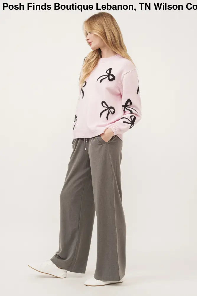 BOW PRINT LONG SLEEVES LOOSE FIT SWEATER IN PINK - Posh Finds