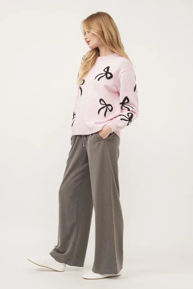 BOW PRINT LONG SLEEVES LOOSE FIT SWEATER IN PINK - Posh Finds