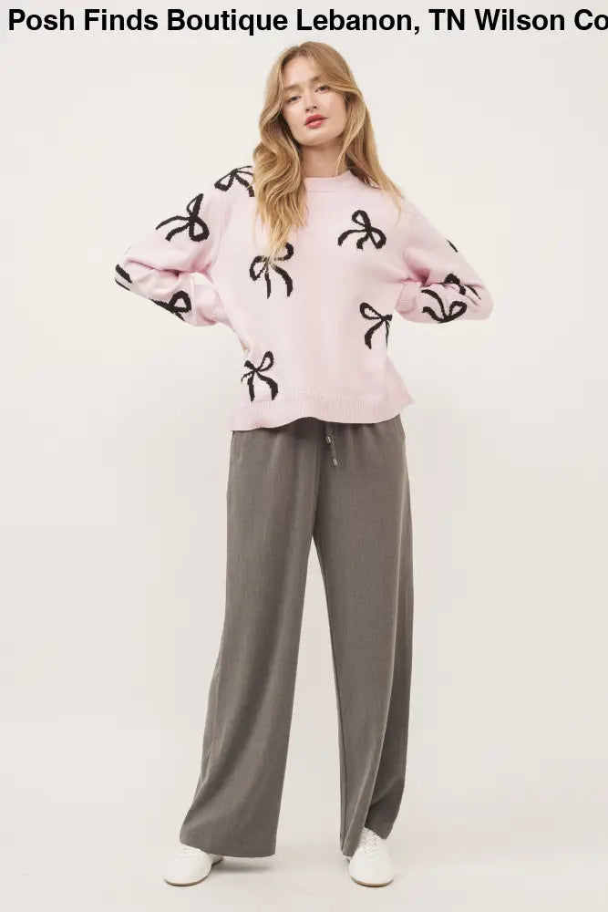 BOW PRINT LONG SLEEVES LOOSE FIT SWEATER IN PINK - Posh Finds