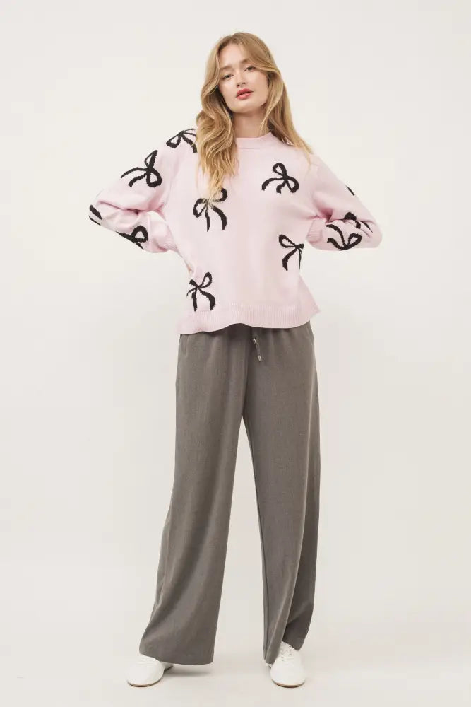 BOW PRINT LONG SLEEVES LOOSE FIT SWEATER IN PINK - Posh Finds