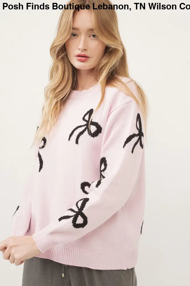 BOW PRINT LONG SLEEVES LOOSE FIT SWEATER IN PINK - Posh Finds