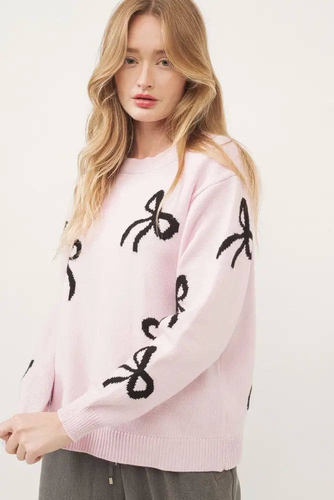 BOW PRINT LONG SLEEVES LOOSE FIT SWEATER IN PINK - Posh Finds