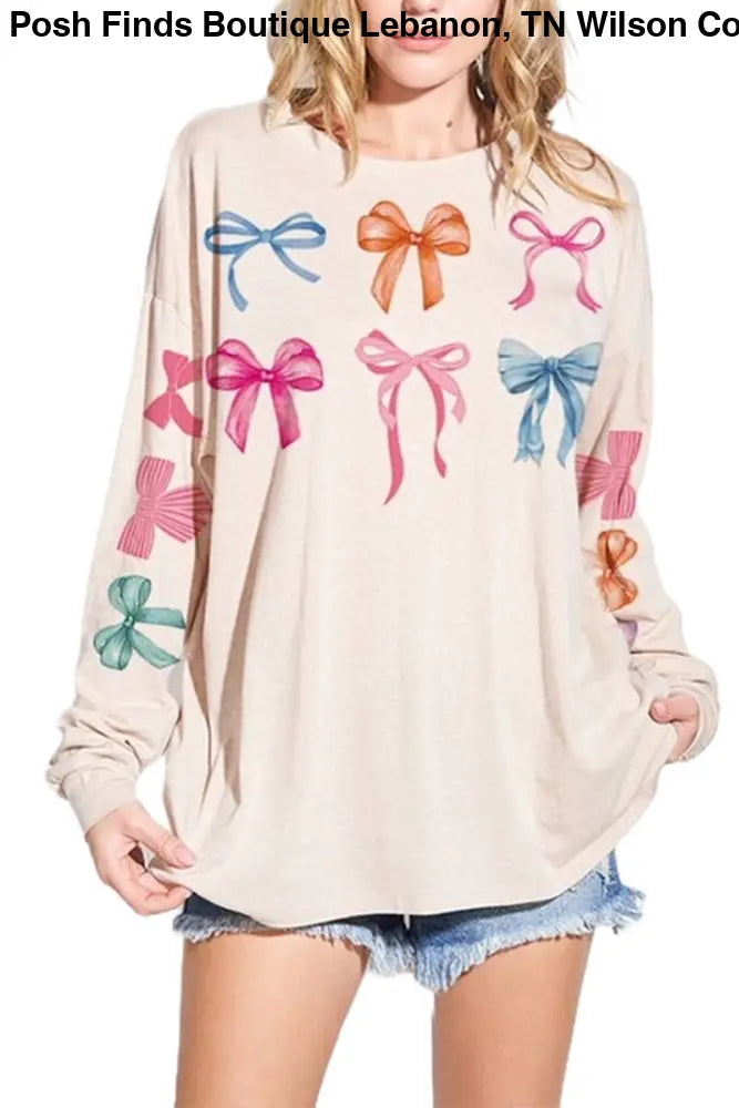 Bow Print Tri Blend Oversized Top: IVORY - Posh Finds