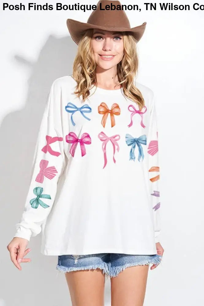Bow Print Tri Blend Oversized Top: IVORY - Posh Finds