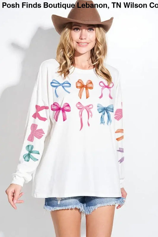 Bow Print Tri Blend Oversized Top: IVORY - Posh Finds