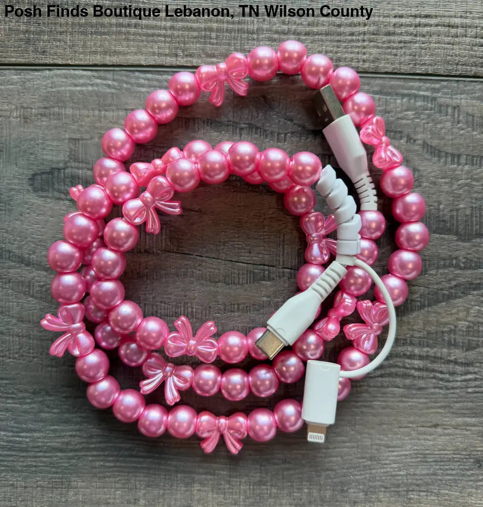 Bows Beaded Phone Charger with Lightning & USB-C Cable: White - Gifts