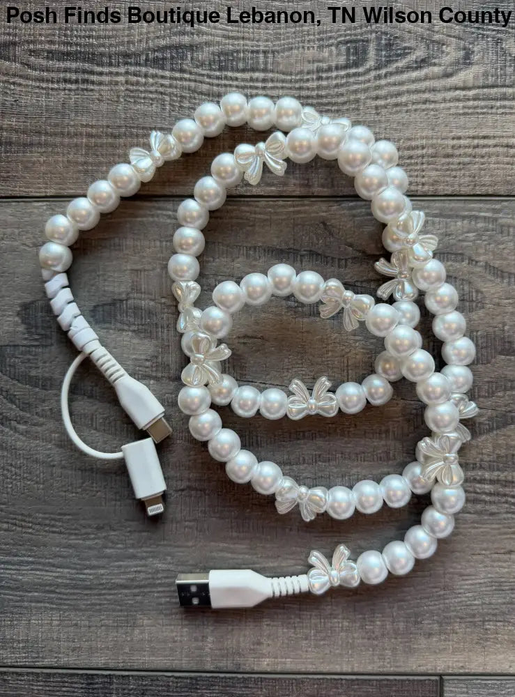 Bows Beaded Phone Charger with Lightning & USB-C Cable: White - Gifts