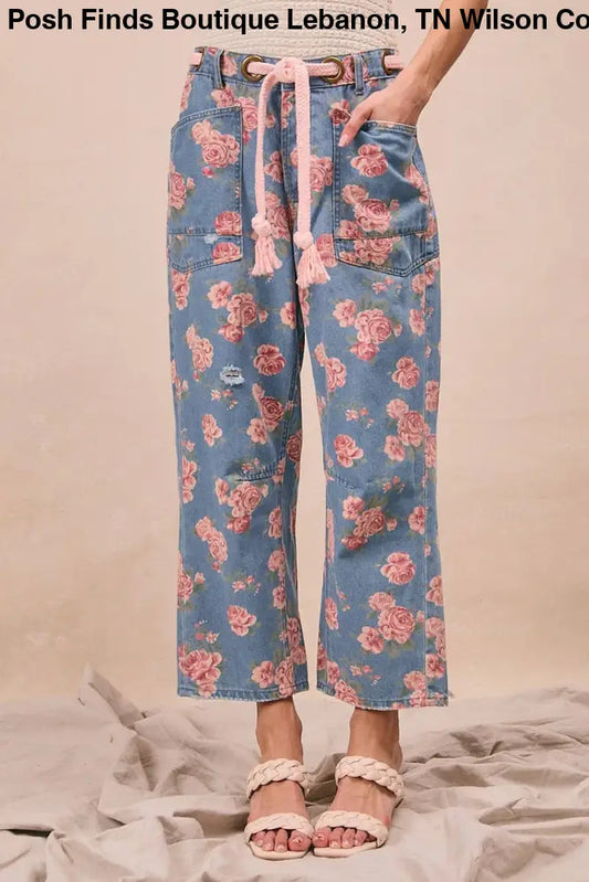 Braided Waist Belt Patch Pocket Floral Denim Pants: DENIM - Posh Finds