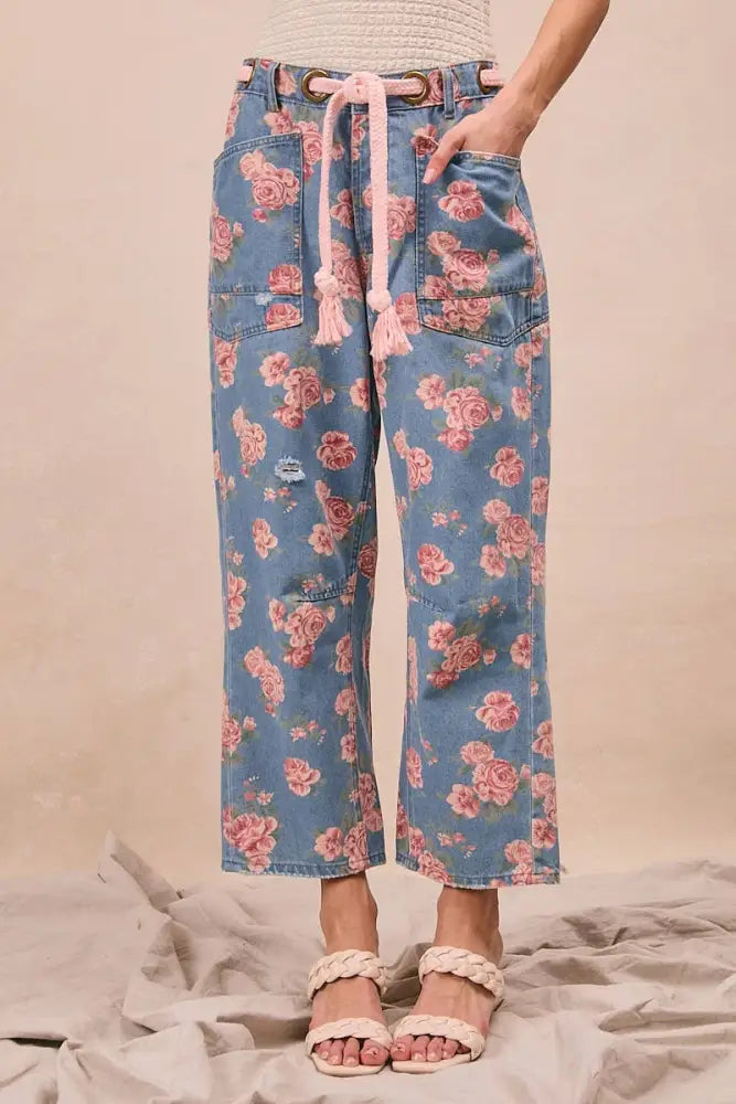 Braided Waist Belt Patch Pocket Floral Denim Pants: DENIM - Posh Finds