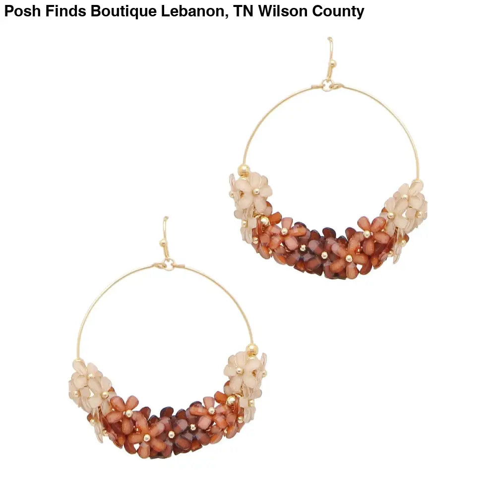 Brown Ombre Flowers on Gold Hoop 2" Earring - Posh Finds