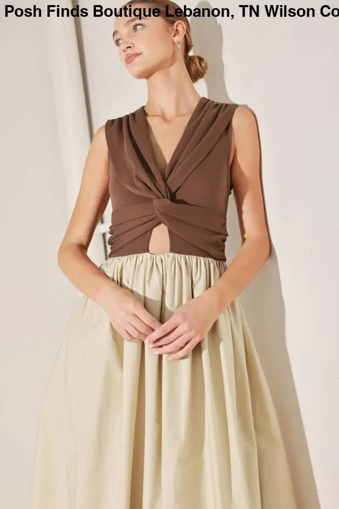 Brown Tan Solid Midi Dress - Women > Dresses