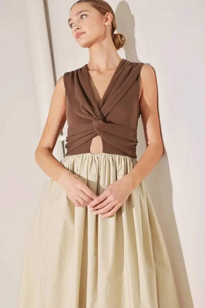 Brown Tan Solid Midi Dress - Women > Dresses