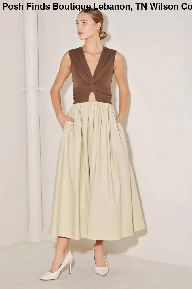 Brown Tan Solid Midi Dress - Women > Dresses