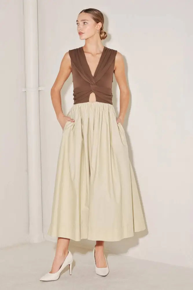 Brown Tan Solid Midi Dress - Women > Dresses