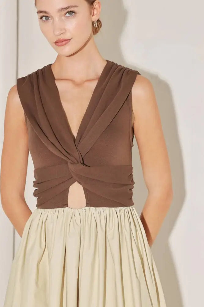 Brown Tan Solid Midi Dress - Women > Dresses